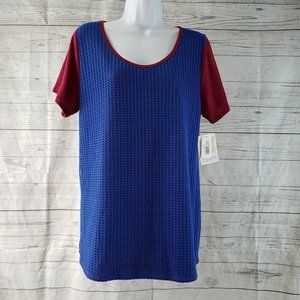 LuLaRoe Womens Classic T Sz Large Red Blue Mesh Overlay Short Sleeve